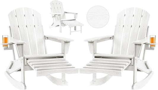 Folding Adirondack Rocking Chair Set of 2,4-in-1 Multifunctional Patio Chairs with Retractable Ottoman, Outdoor Chairs Wood Texture, Lawn Chair for Porch, Backyard, Pool(White)
