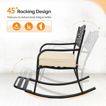 VINGLI Metal Rocking Chair, Outdoor Rocking Bench with Cushion, Patio Rocker with Footrest, Weatherproof Rocking Chair for Outside, Patio, Garden, Hole Backrest