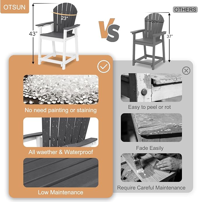 OTSUN Tall Modern Adirondack Chairs Set of 4, All Weather HDPE Bar Height Adirondack Stools Widened Durable Design for Porch Patio Yard Lawn Fire Pit Bistro Basement Indoors & Outdoors