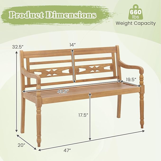 Large Outdoor Wood Bench, 2 Person Natural Teak Wood Bench w/Armrests and Backrest, Wood Garden Bench for Porch, Park, Yard and Patio