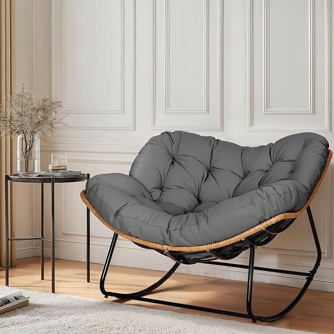 Outdoor Egg Rocking Chair, Indoor Papasan Rocking Chair with Thick Cushion, Modern Lounge Rocker for Balcony, Living Room, Bedroom, Porch, Lawn, Garden (Gray)