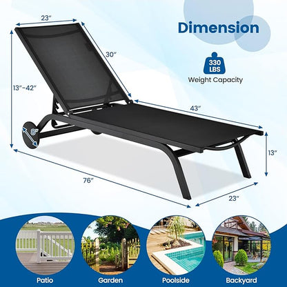 COSTWAY 2 PCS Outdoor Patio Chaise Lounge, 6-Position Adjustable Pool Lounger with Stable Aluminum Frame, Portable Sun Bathing Lounge Chair on Wheels for Backyard Garden, Black