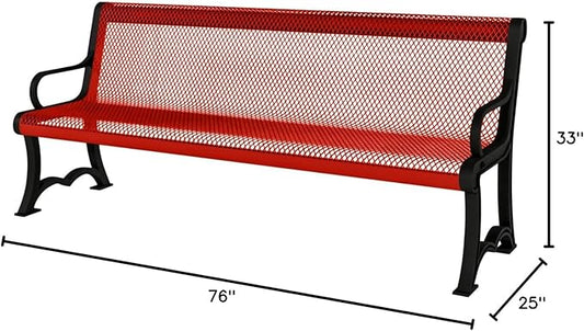 COATEDOUTDOORFURNITURE Coated Outdoor Furniture Heavy-Duty Outdoor Bench Thermoplastic Coated, Expanded Metal, Commercial-Grade Garden Bench, Made in America (Portable with Back, 4 Ft, Red)