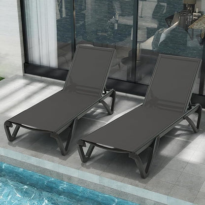 Domi Pool Lounge Chairs Set of 2, Aluminum Adjustable Outdoor Chaise Lounge with Wheels, All Weather Poolside Chairs for Deck Lawn Patio Backyard, Textilene - Dark Gray