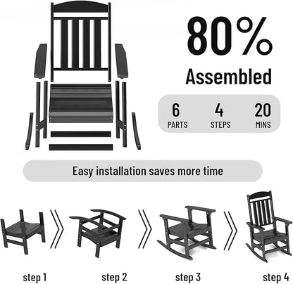 Outdoor Rocking Chairs Set of 8, Oversized High Back Patio Rocking Chairs, All Weather Porch Rocking Chairs for Outside. Black