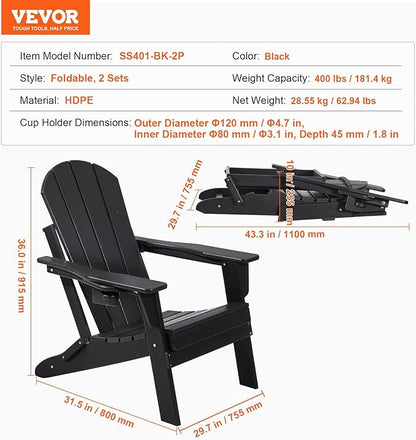 VEVOR Folding Adirondack Chairs Set of 2 with Cup Holder, All-Weather Portable Plastic Fire Pit Chair, Outdoor Adirondack Patio Chair, with Relaxing Arm Rest Ergonomic, for Garden, Backyard, Black