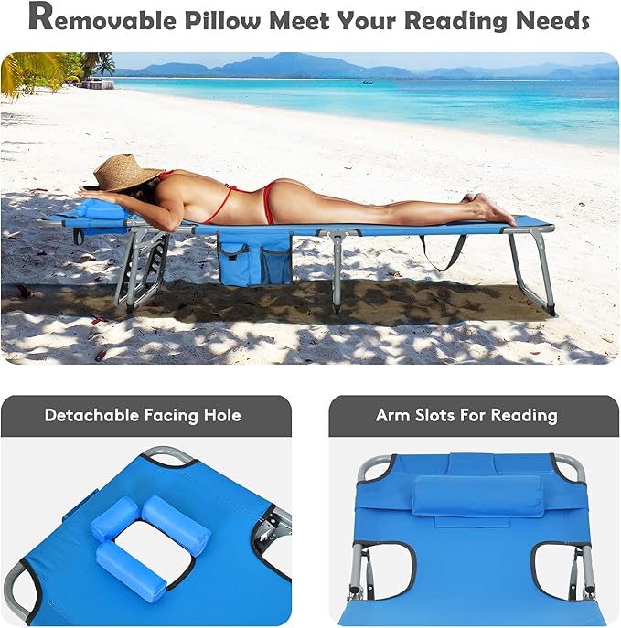 Goplus Tanning Chair, Folding Beach Lounge Chair with Face &Arm Hole, 5-Position Adjustable, Removable Pillow - Photo 4