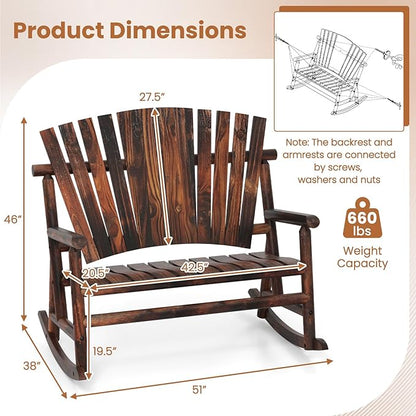 Tangkula 2-Person Wood Outdoor Rocking Chair, Outside Adirondack Rocker with High Back and Slatted Seat, Oversized Porch Rocking Chair for Balcony, Garden, Backyard, Patio