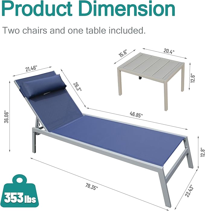 Domi Outdoor Lounge Chairs Set of 3, Upgraded Aluminum Chaise Lounge Chair W/ 5 Adjustable Positions, Patio Lounge Chair for Pool, Deck, Lawn, 2 Pool Chairs and 1 Side Table, Navy Blue