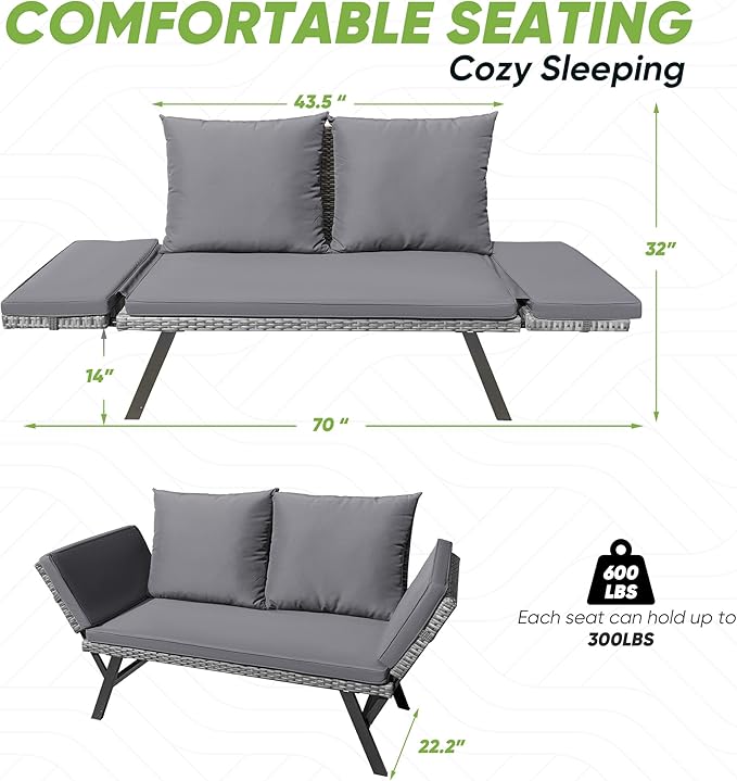 Greesum Outdoor Sofa, Woven Rattan Patio Furniture, Convertible Daybed or Double Chair with Adjustable Armrests - Photo 3