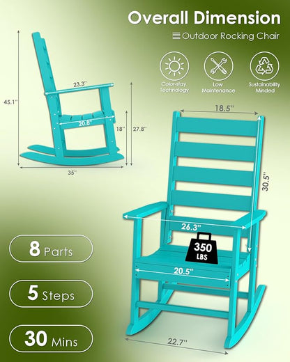 GREENVINES Outdoor-Rocking-Chair | HDPE Plastic | Patio Rockers | Porch Rocker Chairs | Shaker | Oversized | High Ladder Back | Big & Tall | PentaLuxe |Aqua