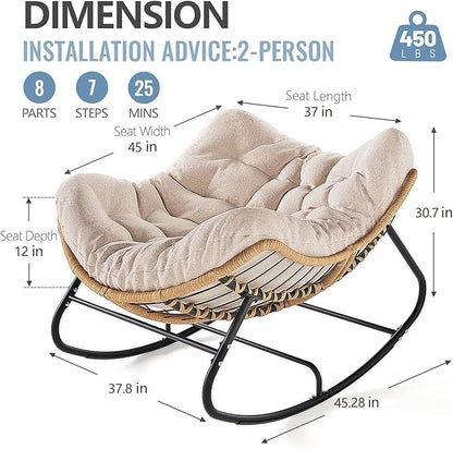 SWITTE Outdoor Rocking Chair, Oversized Patio Papasan Rocker, Comfy Wicker Reading Lounge, Indoor Egg Chair for Bedroom, Living Room, Porch, Garden, Lawn-Cream