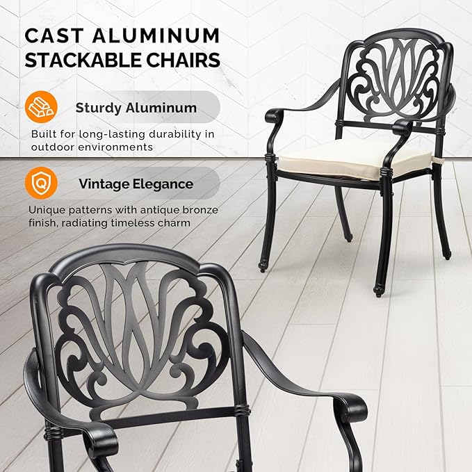 VINGLI Patio Chairs Set of 2 - Stackable Outdoor Cast Aluminum Dining Chairs with Vintage Black Finish and Floral Pattern, Metal Armchairs for Poolside, Backyard, Balcony (with Cushion)