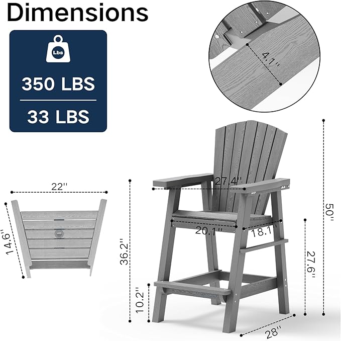 Kingdura Upgraded Tall Adirondack Chairs Set of 2, Weather Resistant HDPE Bar Height Outdoor Stools with Removable Double Connecting Trays, Wooden Grain for Patio, Balcony, Deck (Grey)
