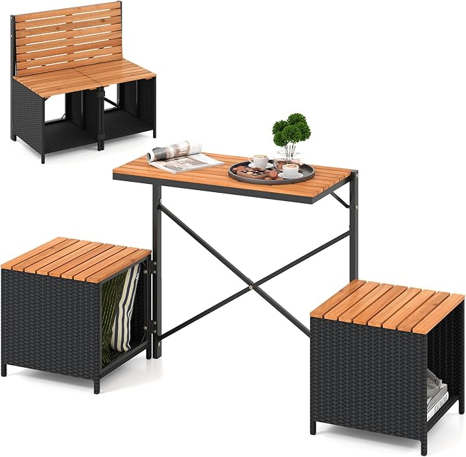 Tangkula 2-in-1 Outdoor Convertible Bench, Transforming Interchangeable Picnic Table Garden Loveseat with Metal Frame, PE Rattan Acacia Wood Foldable Table and Chairs Set for Porch, Backyard & Deck