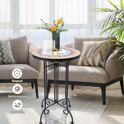 VCUTEKA Mosaic Outdoor Side Table, Round Rustproof Patio Tables with 14" Ceramic Tile Top, Indoor Porch Accent Table for Yard, Garden, Living Room, Bistro Balcony, Orange