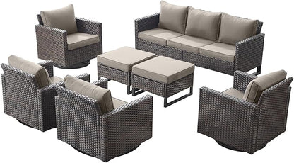 Rilyson Wicker Outdoor Patio Furniture Set - 7 Piece Patio Conversation Set with 4 Swivel Rocker Chairs,2 Rattan Ottoman and 1 Couch for Outside Porch Deck Backyard(Brown/Grey)