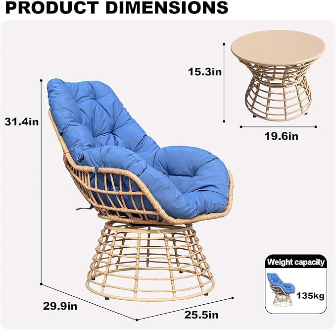 Swivel Chairs for Outside Patio Set of 3, 360 Degree Swivel Pe Wicker Luxury Lounger Chair with 20" Side Table - Photo 7