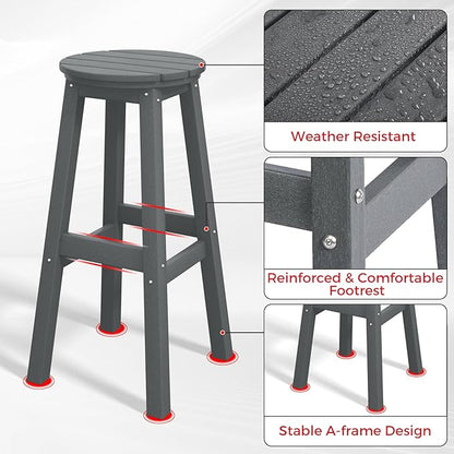 Costaelm 29" Height Outdoor Bar Stools, All-Weather Bar Stools, Adirondack Poly Patio Round Bar Stool for Patio, Deck, Kitchen Counter and Garden, Gray