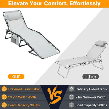Folding Chaise Lounge Chair, Patio Teslin Tanning Chair, Outdoor Chaise Lounger with 5-Position Reclining Back, Breathable Mesh Seat for Beach, Poolside, Patio Sunbathing Grey