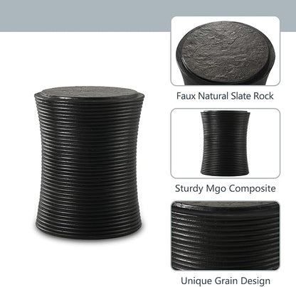 COSIEST Set of 2 Outdoor Side Table Black, Round MgO Concrete Side Table, Lightweight Outdoor Accent Table with Faux Natural Slate Rock, Cylinder Patio Table Top Plant Stand for Garden and Deck