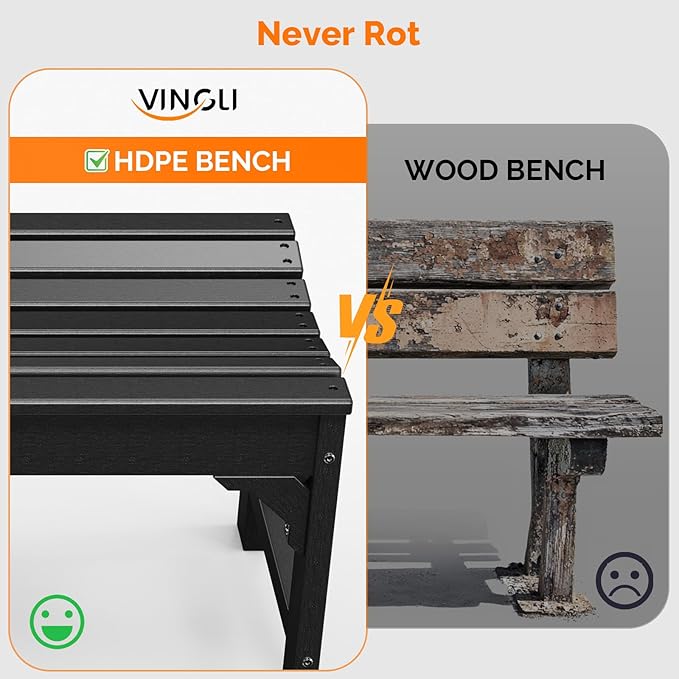 VINGLI Outdoor Bench Garden Bench HDPE Porch Bench, All-Weather Patio Bench, Poly Lumber Oversized Park Bench 800 lbs Weight Capacity (Black)