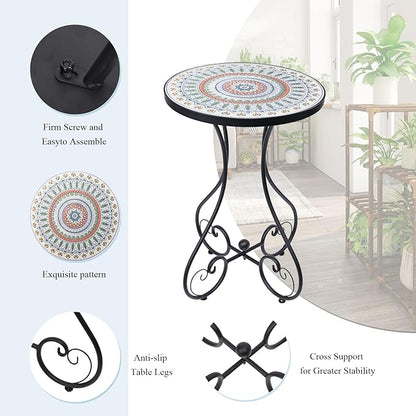 VCUTEKA Mosaic Outdoor Side Table, Round Rustproof Patio Tables with 14" Ceramic Tile Top, Indoor Porch Accent Table for Yard, Garden, Living Room, Bistro Balcony, Green
