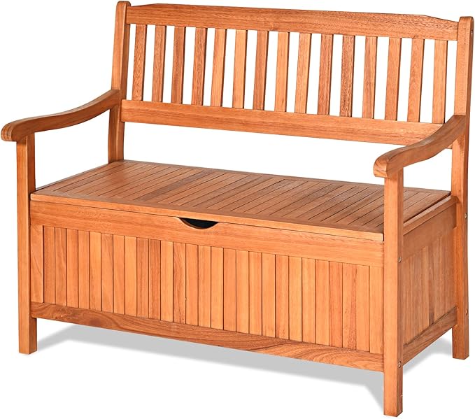 S AFSTAR Outdoor Patio Bench with Storage Box, 33 Gallon Storage Bench Deck Box with Dustproof Liner, Comfort Backrest & Wide Armrest, 800 lbs Capacity, Wood Bench for Garden Patio Park Porch