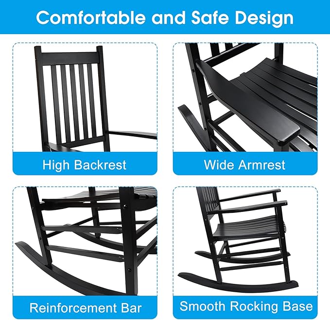 XINYUN Rocking Chair Wooden Frame Chair Indoor and Outdoor Fade Resistant Rocker with 350lbs Weight Capacity All Weather Porch Rocker for Garden Lawn Balcony Backyard and Patio Porch Black