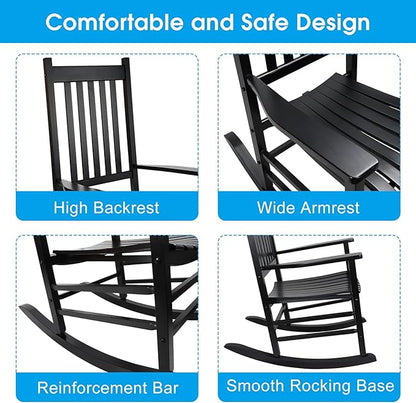 XINYUN Rocking Chair Wooden Frame Chair Indoor and Outdoor Fade Resistant Rocker with 350lbs Weight Capacity All Weather Porch Rocker for Garden Lawn Balcony Backyard and Patio Porch Black