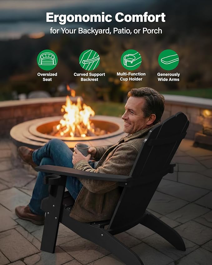 YEFU Oversized Plastic Adirondack Chair Set of 2 with Cup-Holder (Large Dual-Purpose), Weather Resistant, Poly Lumber Outdoor Chairs Duty Rating Widely Used in Patio, Lawn, Outside, Deck Chairs-Black