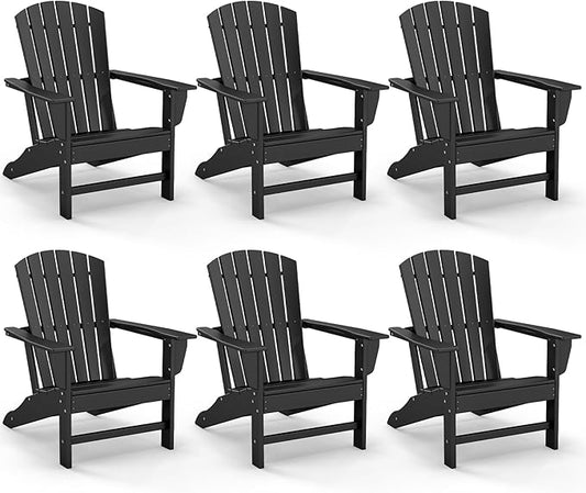 GREENVINES Adirondack Chairs Set of 6 | HDPE Plastic | Oversized Fire Pit Chair | All Weather | Black | Poly Lumber | for Outdoor Deck Backyard Patio Garden