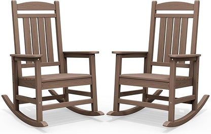 SERWALL HDPE Outdoor Rocking Chair Set of 2, Patio Rocking Chairs, All-Weather Porch Rockers for Adults, Brown