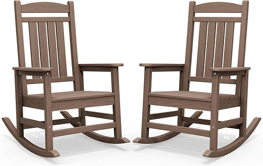 SERWALL HDPE Outdoor Rocking Chair Set of 2, Patio Rocking Chairs, All-Weather Porch Rockers for Adults, Brown