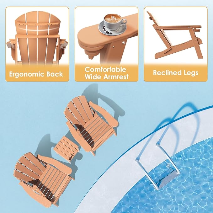 IVY&LANE Folding-Adirondack-Chairs-Set-of-4 | HDPE Plastic | Outdoor Fire Pit Chair with Cup Holder | Teak | Poly | Weather Resistant | for Patio Deck Poolside Garden Beach