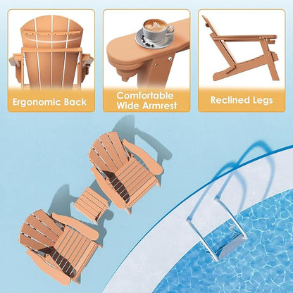 IVY&LANE Folding-Adirondack-Chairs-Set-of-4 | HDPE Plastic | Outdoor Fire Pit Chair with Cup Holder | Teak | Poly | Weather Resistant | for Patio Deck Poolside Garden Beach