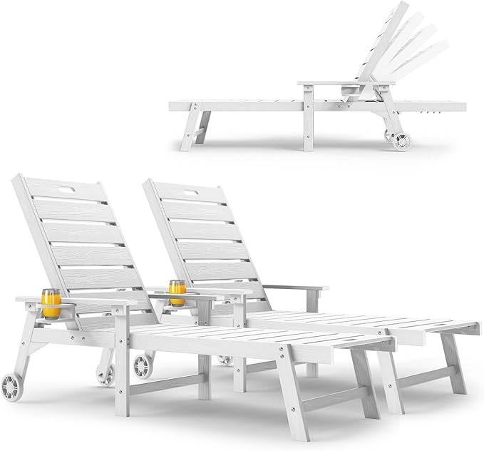 YEFU Lounge Chair Outdoor Set of 2: Outdoor Chaise Lounge with 5-Level Adjustable Backrest, Cup Holders & Wheels, All-Weather Resistance Chaise Lounge for Outside/Patio/Beach/Deck, White