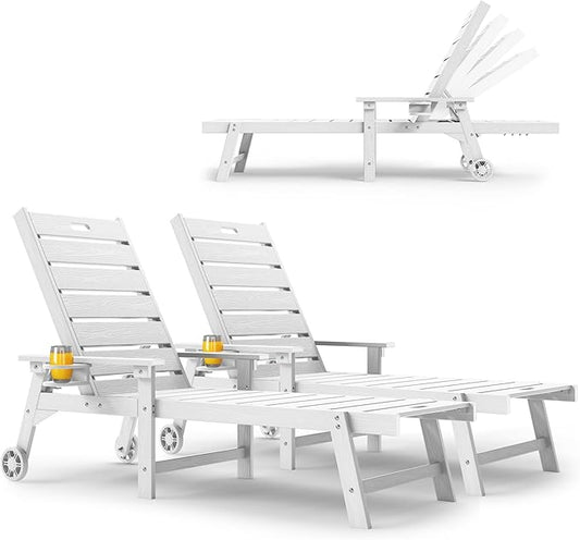 YEFU Lounge Chair Outdoor Set of 2: Outdoor Chaise Lounge with 5-Level Adjustable Backrest, Cup Holders & Wheels, All-Weather Resistance Chaise Lounge for Outside/Patio/Beach/Deck, White