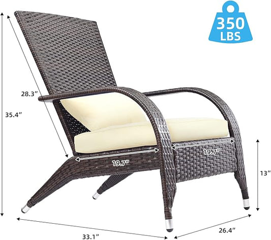 Adirondack Chairs Set 2 Outdoor Wicker Rattan Fire Pit Chairs Oversized Comfy Relax Accent Patio Chairs with Soft Cushion Low Deep Seating Tall Curved Backrest for Outside Backyard Deck Porch Cream