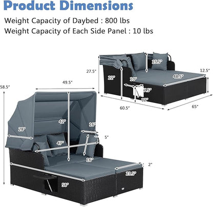 LDAILY Moccha Outdoor Daybed with Retractable Canopy, Wicker Cabana with 2 Side Tables & Soft Cushions,Hand-Woven PE Rattan Bed Lounger, Patio Sectional Furniture Set for Garden Backyard Porch (Grey)
