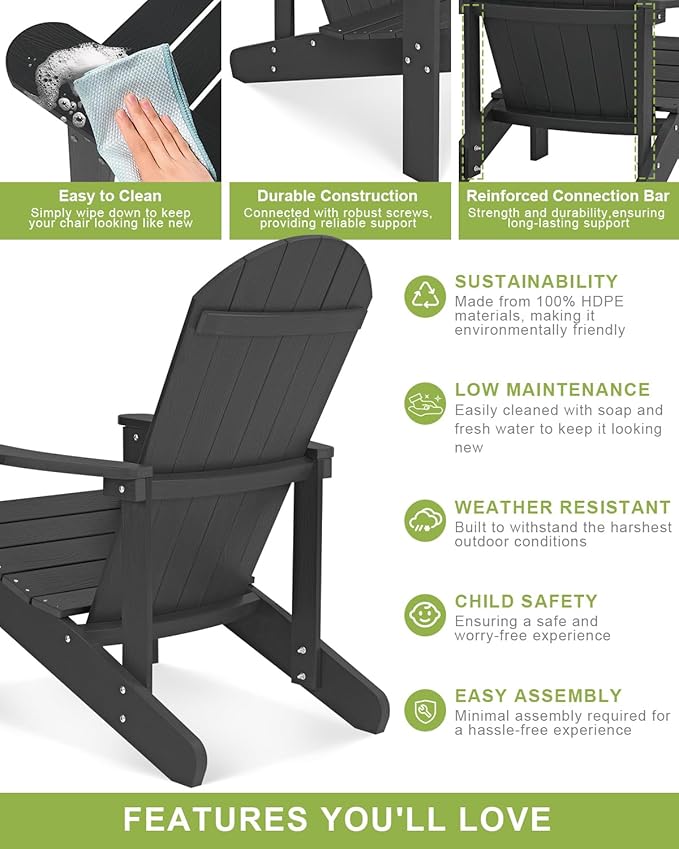 Y&M Adirondack Chair Set of 2, Black Fire Pit Chairs, Outdoor Patio Chairs with Cup Holder, Weather Resistant HDPE Wooden Textured Patio Chair, Perfect for Garden, Lawn, Deck, or Poolside