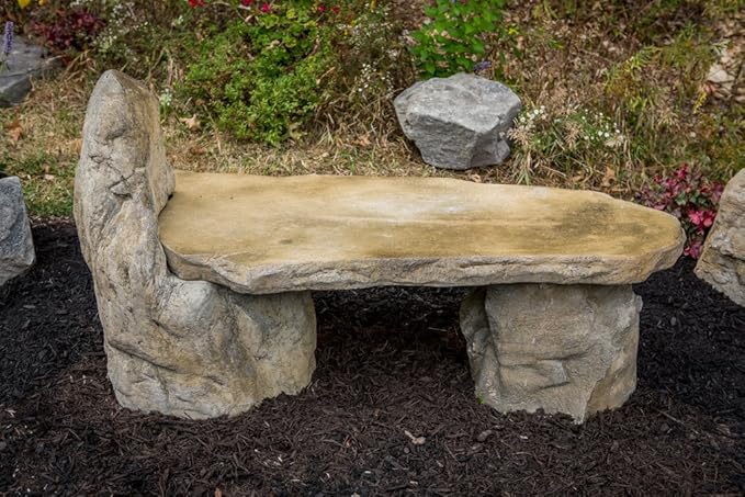 Athena Garden Basalt Stone Boulder Bench with Back, Cast Stone Rustic Lounge Bench, Outdoor Garden Patio Bench, 3 Piece Hand Sculpted Rock Garden Bench Outdoor Decor