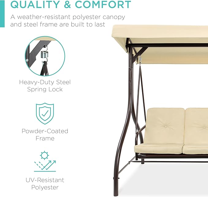 Best Choice Products 3-Seat Outdoor Large Converting Canopy Swing Glider, Patio Hammock Lounge Chair for Porch - Photo 3
