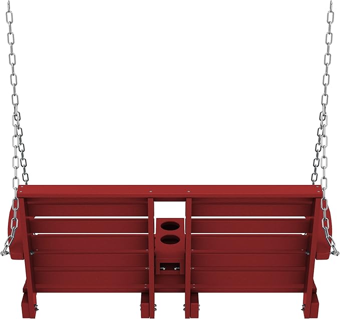 KINGYES Outdoor Hanging Patio Swing Chair, 2 Seat with Cup Holders, Waterproof Bench for Courtyard & Garden, 660LBS Weight Capacity, Red