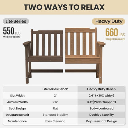 Ciokea 49" Heavy Duty Outdoor Bench, HDPE Weatherproof Porch Benches, Durable 2-Person Garden Benches with 660 Lbs, Waterproof Patio Bench for Outside Balcony Deck Backyard, Teak