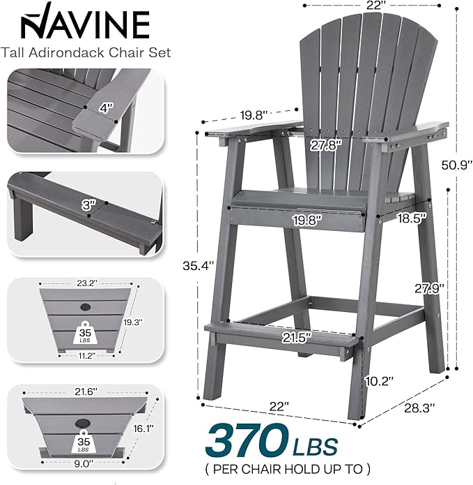 Tall Adirondack Chairs Set of 8, HDPE Balcony Chair with Double Connecting Tray, Weather Resistant Outdoor Adirondack Bar Stools for Patio, Deck, Patio, Backyard, Balcony. (Grey)