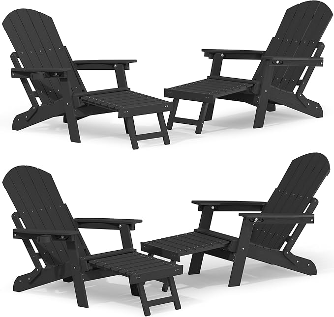YEFU Adjustable Adirondack Chair with Footrest Set of 4, 5-Level Adjustable Adirondack Chair with Retractable Ottoman& Cup Holder, Folding Adirondacks Chairs Use for Outdoor, Pool, Fire Pit