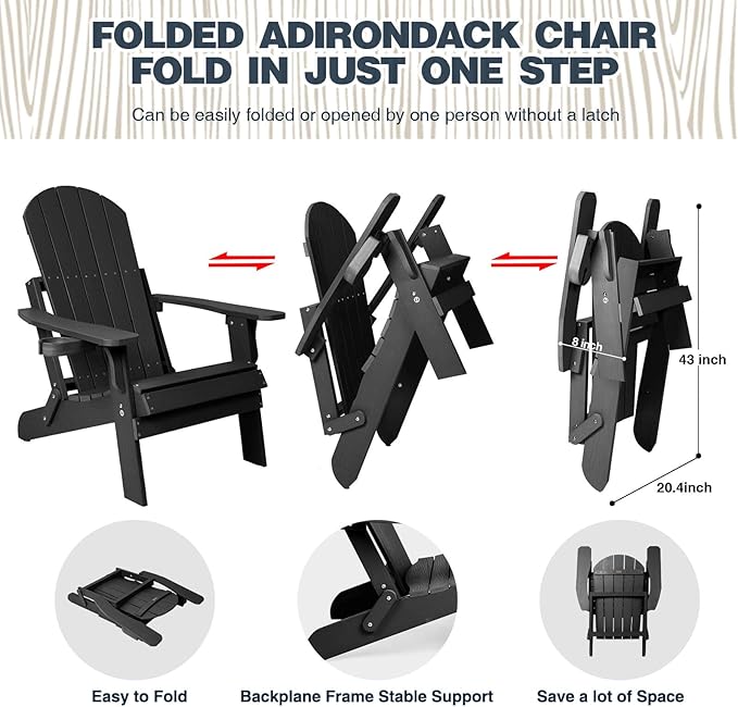 Folding Adirondack Chairs Set of 4, All Weather Resistant Plastic Chairs with Cup Holder, Fold or Unfold Easily in 1 Second, Outdoor Chairs for Patio, Garden, Backyard Deck, Lawn Fire Pit(Black)