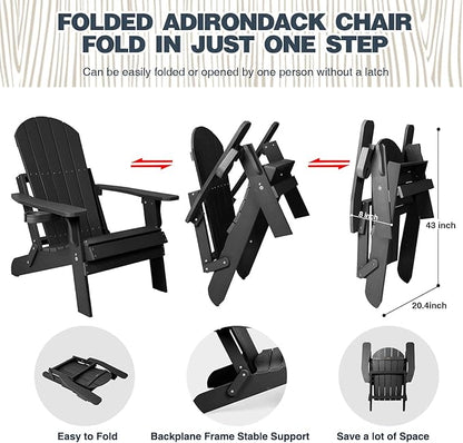 Folding Adirondack Chairs Set of 4, All Weather Resistant Plastic Chairs with Cup Holder, Fold or Unfold Easily in 1 Second, Outdoor Chairs for Patio, Garden, Backyard Deck, Lawn Fire Pit(Black)