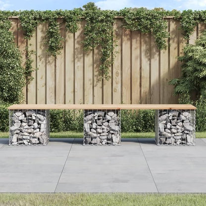 Garden Bench Natural Wood and Silver, 3-Person Seating with Solid Pine Wood and Galvanized Steel Gabion Basket Base for Outdoor Patio Garden Balcony Rustic Design Durable